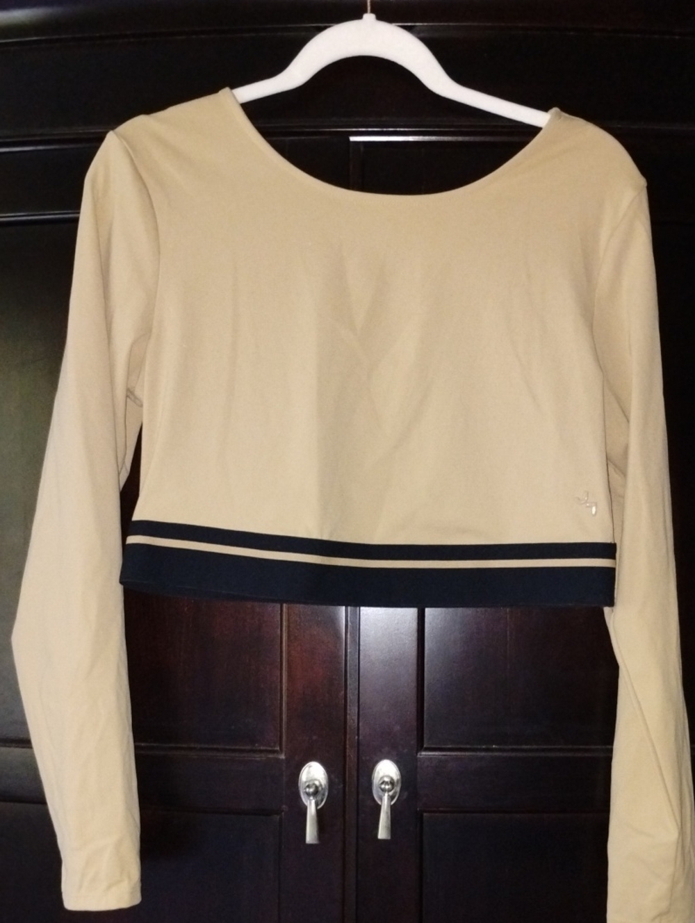Tan Long-Sleeve Cropped Top with Black Stripe Trim
